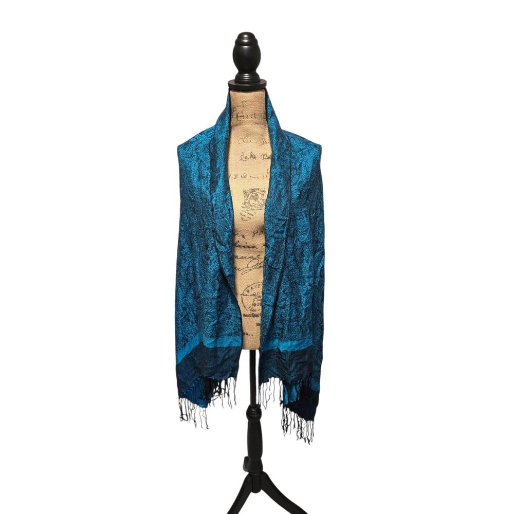 Black and blue paisley fringe scarf, one size